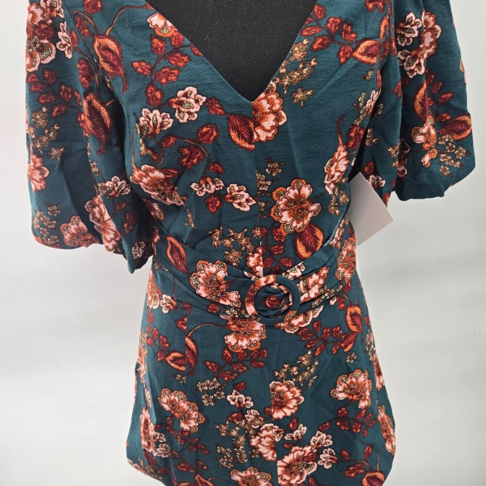 MINKPINK Olivia Green Floral Belt V-Neck Puffed Sleeve A-Line Mini Dress Small